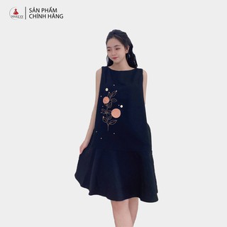 Đầm Nữ NHẬT VY Suông Sát Nách Thêu Có Đuôi Cá Chất Cát Giấy Màu Nude, Đen - D1535