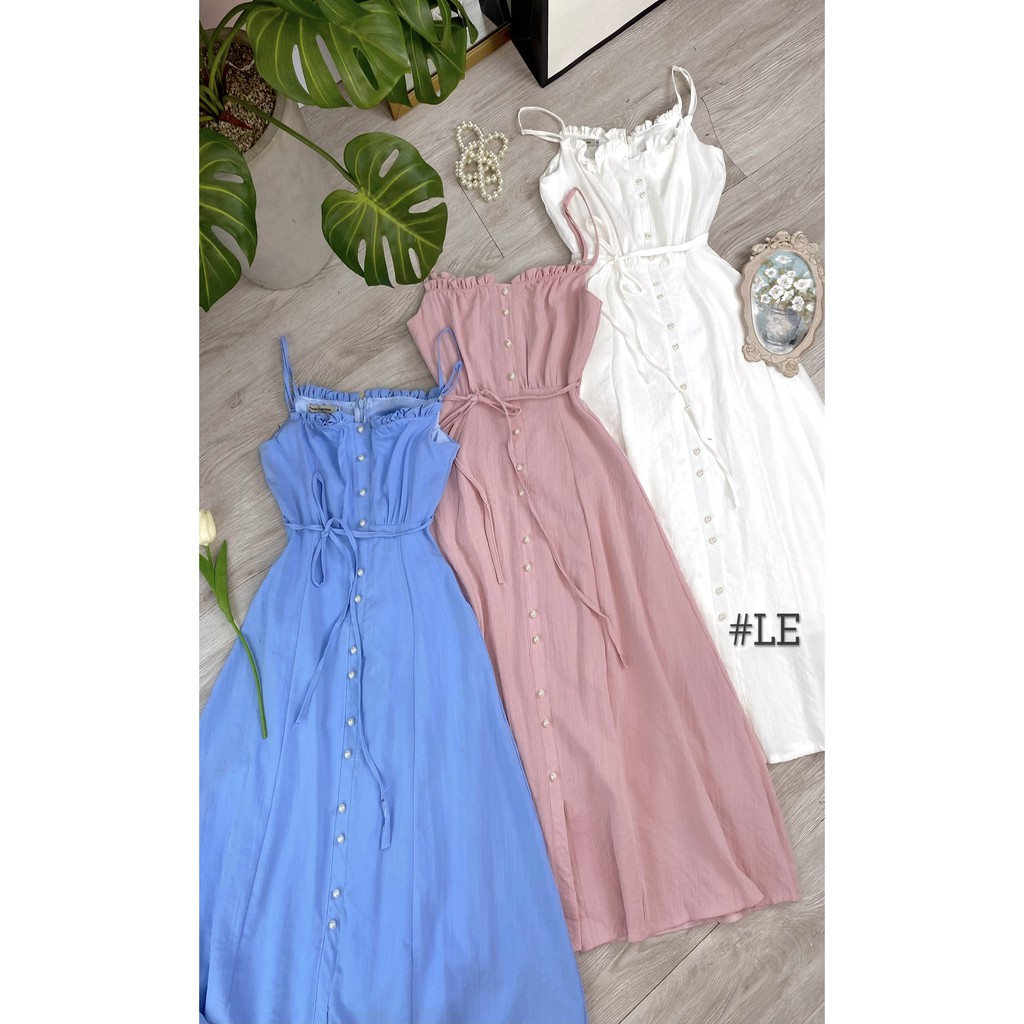 Đầm 2 dây xòe, nút trai, lenin, cột nơ eo, maxi, trắng, hồng, xanh, maxi, bánh bèo, dễ thương, hai dây | BigBuy360 - bigbuy360.vn