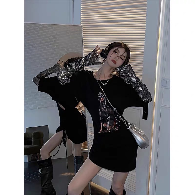 (HÀNG CÓ SẴN) Đầm thun ngắn tay hở eo dây rút thêu tay lưới blingbling