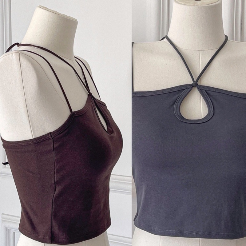 Brroa Áo Crop Top Hai Dây Cotton Cơ Bản Với Đệm Ngực Khoét Lỗ Khóa Chéo Màu Trơn Gợi Cảm Cho Nữ