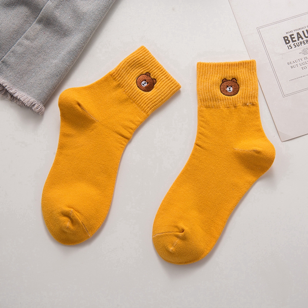 Vớ ống dài thêu hình gấu hoạt hình thời trang bằng vải cotton thoáng khí dành cho bạn nữ