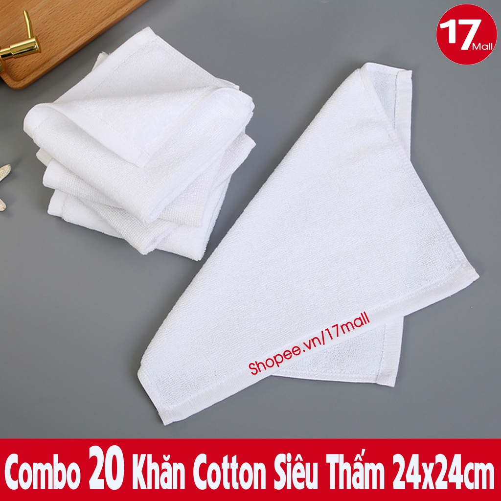 Combo 20 khăn trắng cotton 24x24 đa năng, khăn vuông lau bếp, xe ô tô, lau quán ăn, bệnh viện, spa, nail, trường học