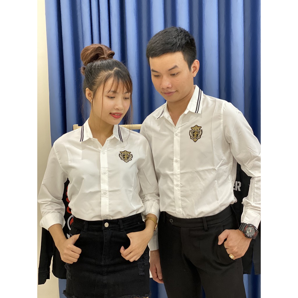 Áo Sơ Mi Nam Nữ cặp đôi dài tay trắng đen thêu logo vải kate lụa | BigBuy360 - bigbuy360.vn