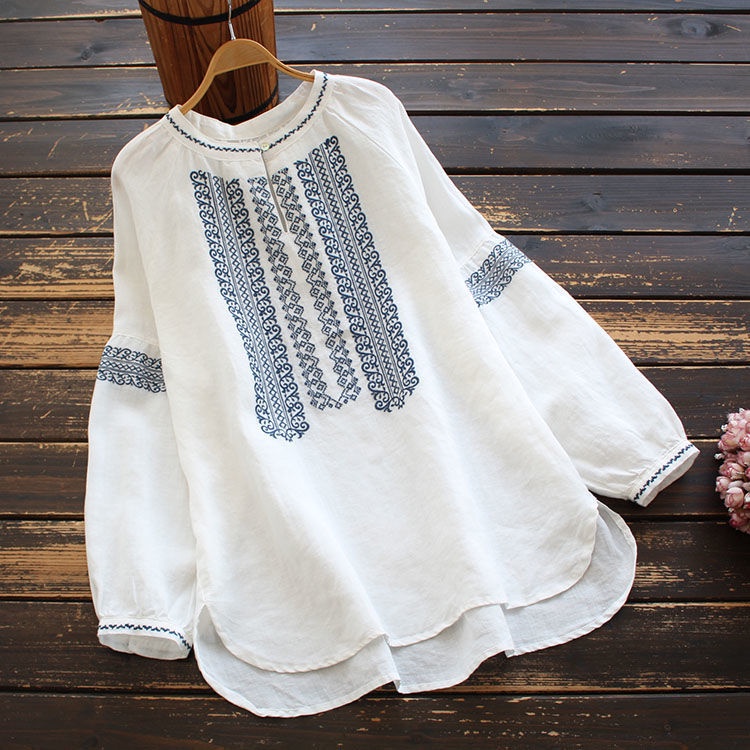 Áo Sơ Mi Nữ Dài Tay Cổ Tròn Thời Trang retro