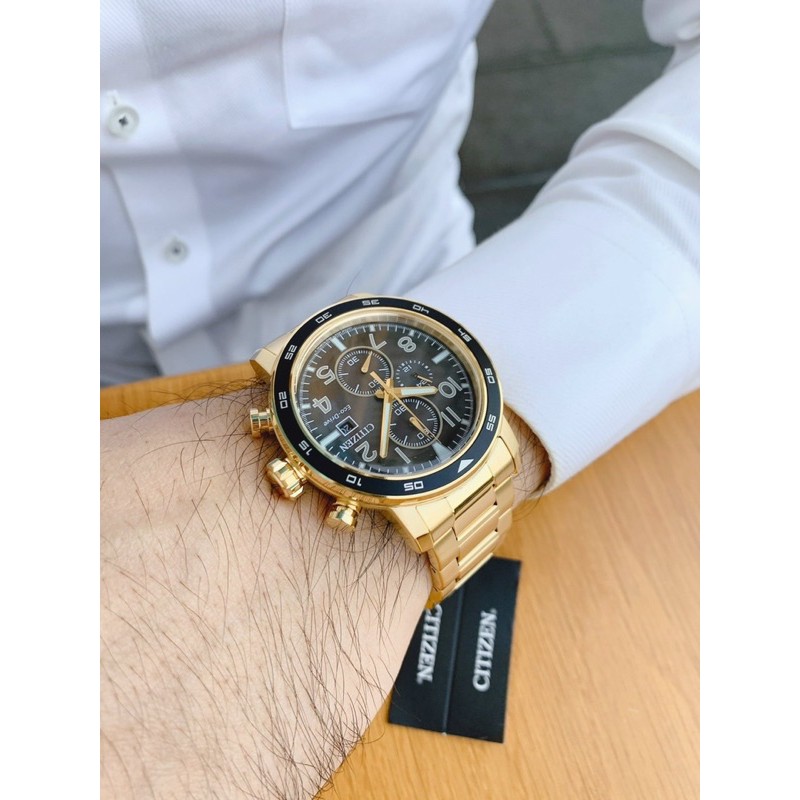 Đồng hồ nam Citizen Eco-Drive Men's Brycen Chronograph Date Gold-Tone CA máy Ecodrive sạc năng lượng