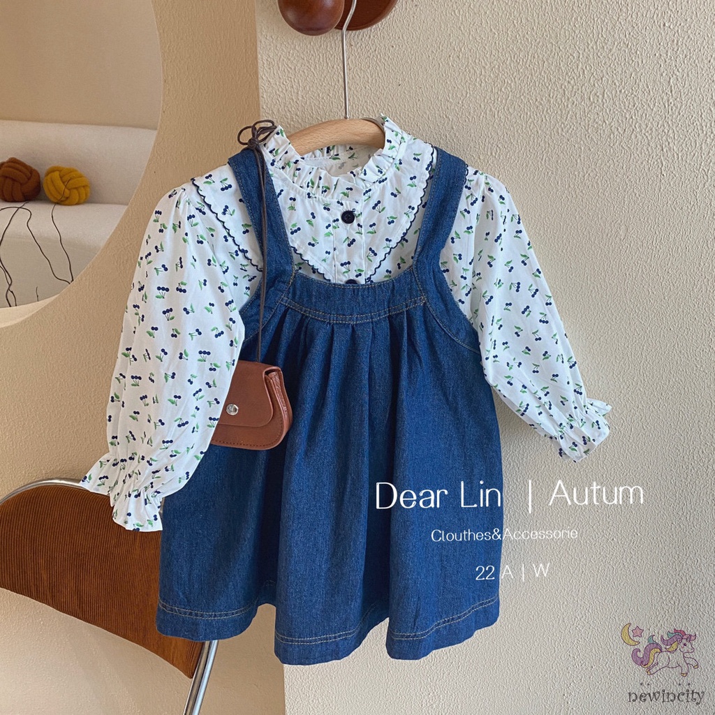 Bộ Áo In Hoa Dễ Thương + Chân Váy Yếm Denim Thời Trang Cho Bé Gái
