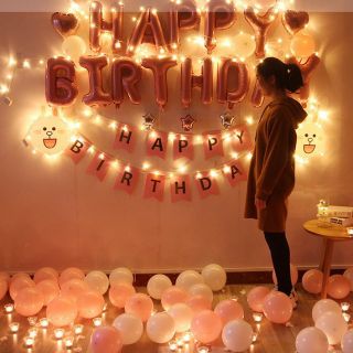 [ Tặng Bơm+Keo Dán+Đèn Led] Đủ y hìnnh Set bóng trang trí sinh nhật lung linh màu hồng