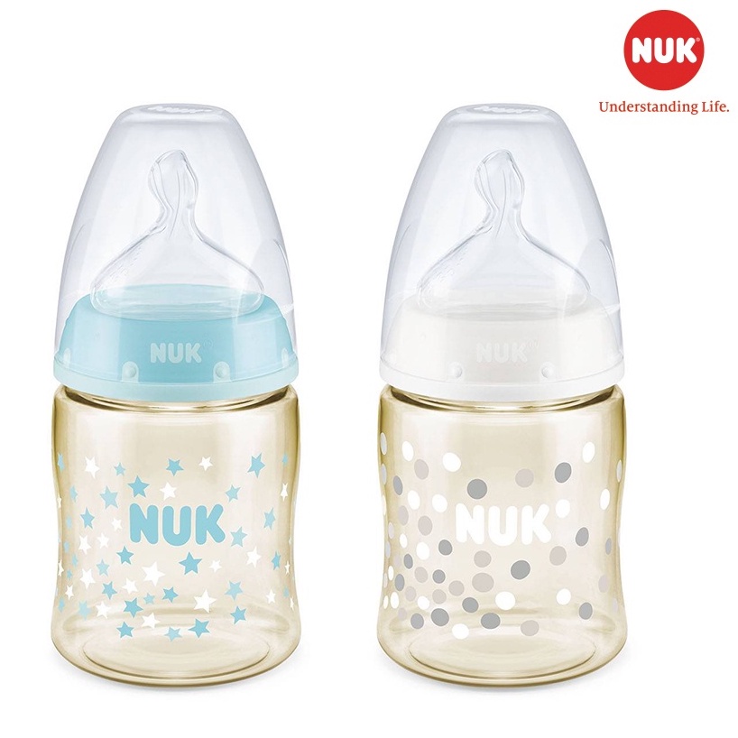 Bình sữa cảm biến nhiệt NUK nhựa PPSU cao cấp chuẩn EU núm ti silicone chỉnh nha 150ml, 300ml