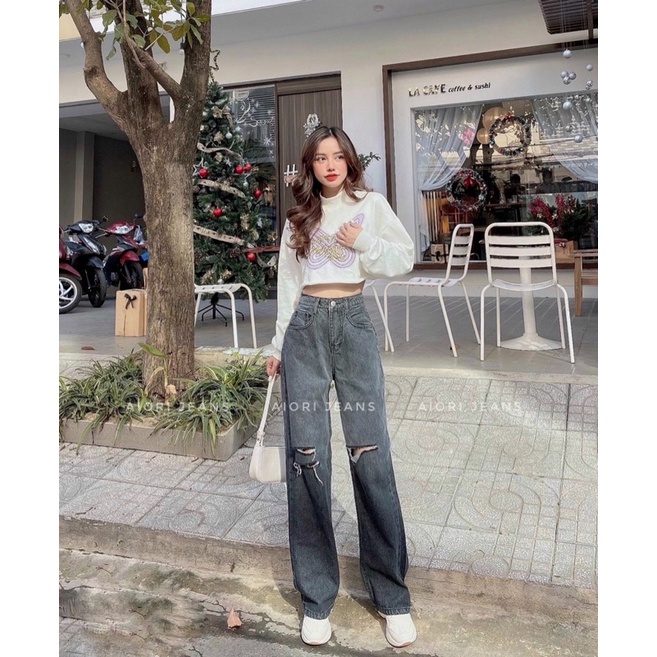 Quần Jeans Nữ Aiori Quần Suông Jeans Ống Rộng Rách Gối Loang Màu Xám, Chất Jeans Cotton Cực Xịn_Mã 3344