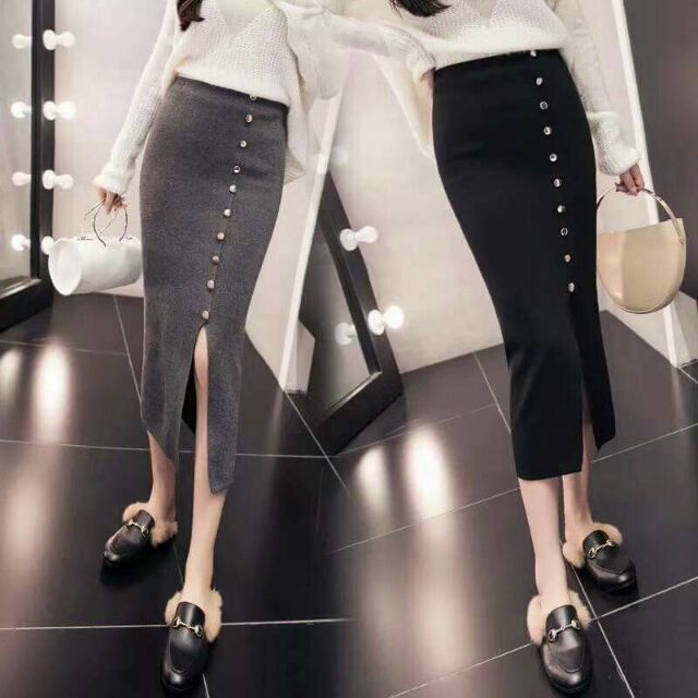 Chân váy len dáng dài,xẻ trước, khuy đính có sẵn 4 màu | BigBuy360 - bigbuy360.vn