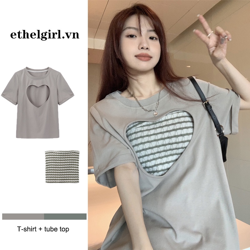 Áo Thun Ngắn Tay Dáng Rộng Họa Tiết Trái Tim Xinh Xắn Theo Phong Cách Retro Dành Cho Nữ