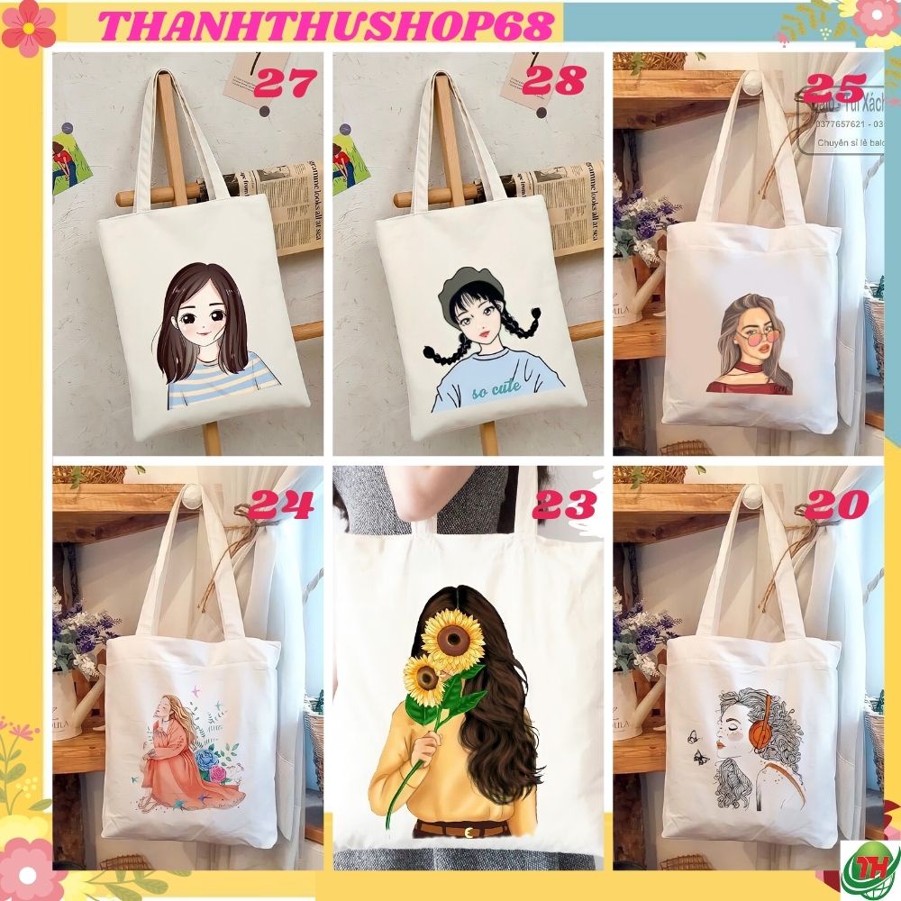 Túi tote túi vải canvas phong cách Hàn Quốc hoạ tiết cô gái và hoa đáng yêu Thanhthushop68 554