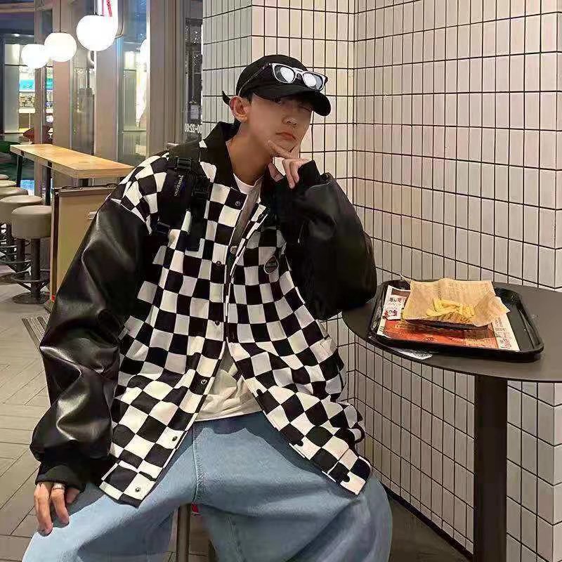 Áo khoác kẻ sọc nữ  Áo khoác da dáng rộng họa tiết sọc caro màu trắng đen phong cách năng động thời trang cho nam và nữ