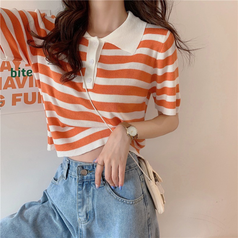 Áo thun ZHELIHANGFEI cổ polo dệt kim tay ngắn họa tiết sọc ngang thời trang cho nữ