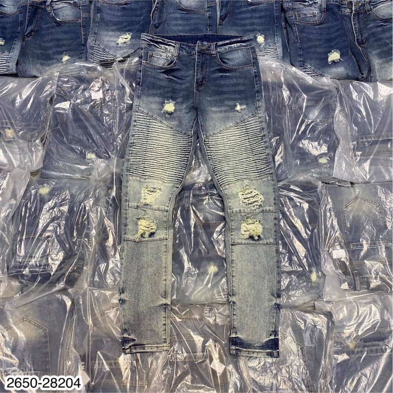 Quần jeans nam xanh rách gối cao cấp - Quần balmans khoá vá da cao cấp