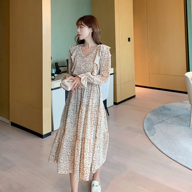 Đầm Maxi Chiffon cổ chữ V in hoa thời trang mùa thu thanh lịch