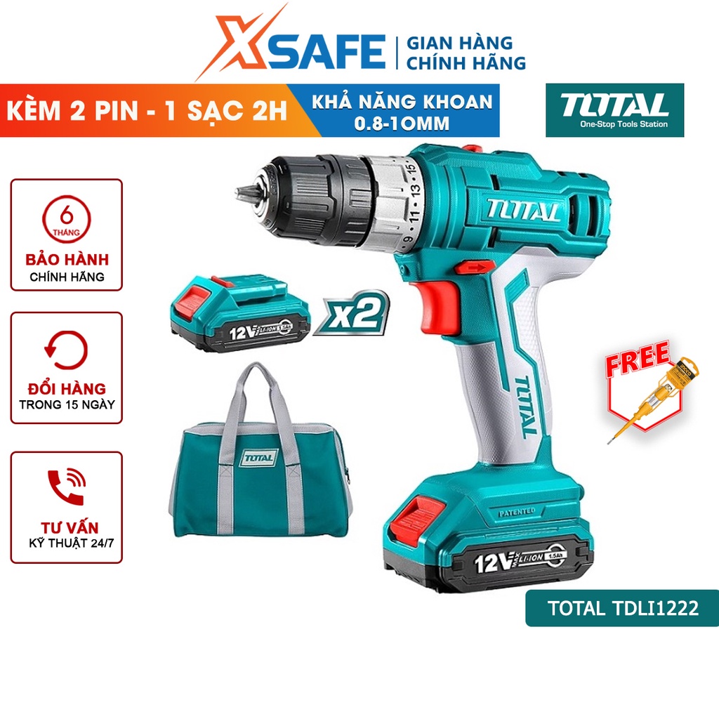 Máy khoan pin cầm tay 12V 10mm Total TDLI1222 tốc độ 1350v/p, lực siết 25nm, khả năng khoan 10mm, nhông 2 tốc độ - xsafe