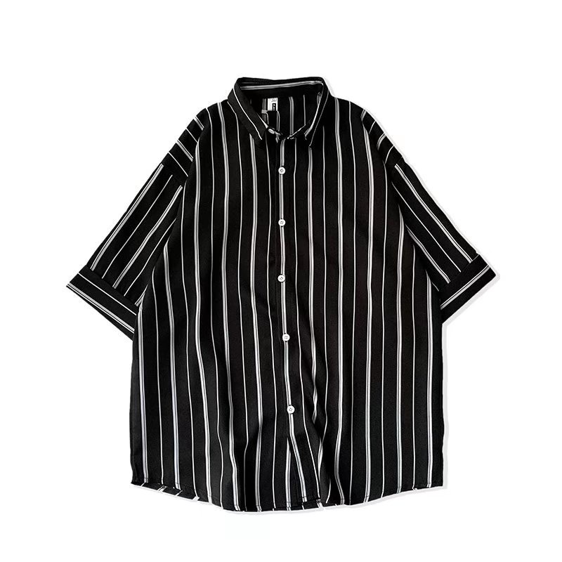 Áo Sơ Mi Tay Ngắn Dáng Rộng Họa Tiết Kẻ Sọc Trắng Đen Thời Trang Cá Tính Cho Nam