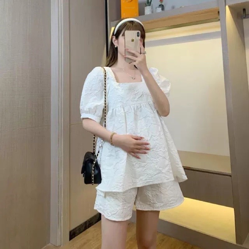 Bộ Bầu babydoll BBH 01 80 cổ vuông tay bồng điệu đà chất đũi xốp cao cấp siêu mát bộ bầu mùa hè có chun chỉnh bụng