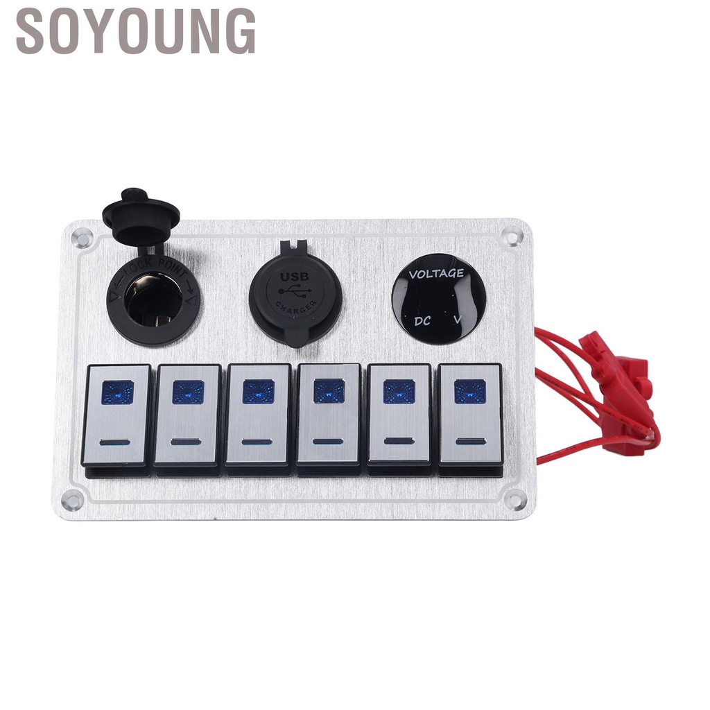 Soyoung Rocker Switch Panel 6 Gang On Off Blue LED Light 4.2A Dual USB Charger Port Aluminum Alloy for Car RV