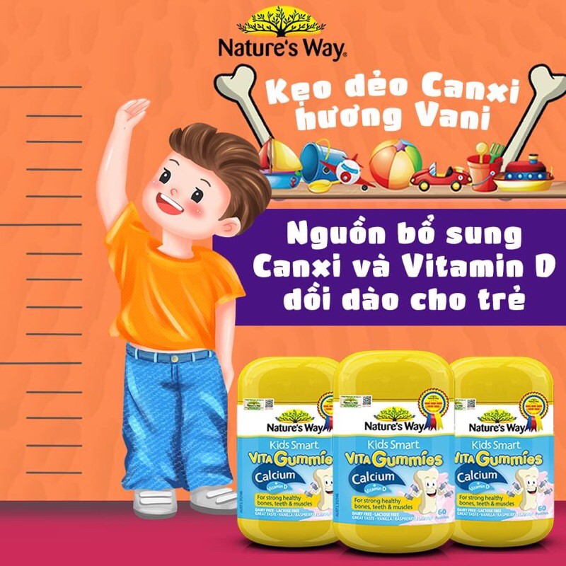 [CHÍNH HÃNG] Kẹo Dẻo Nature’s Way Kids Smart Vita Gummies Calcium + Vitamin D Giúp Bé Cao Lớn