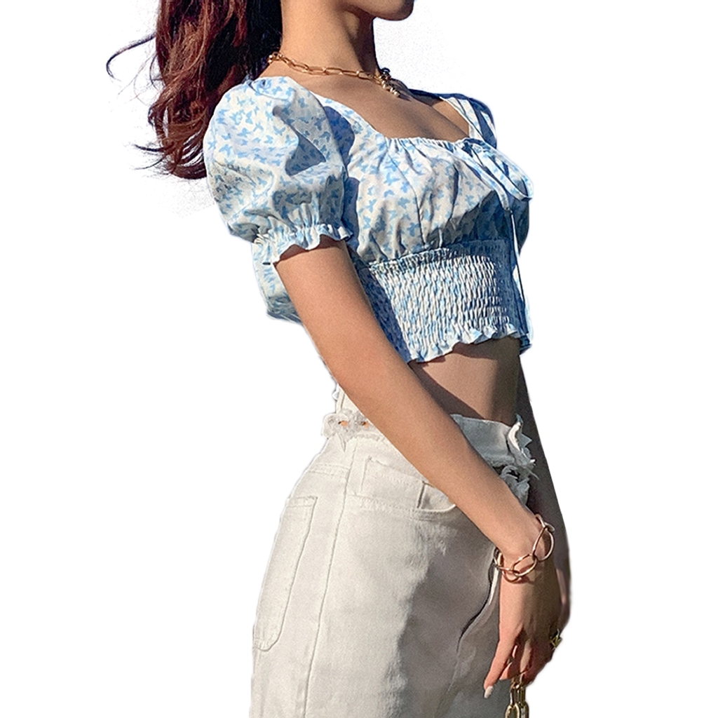 Áo croptop tay phồng dáng ôm họa tiết bướm cho nữ
