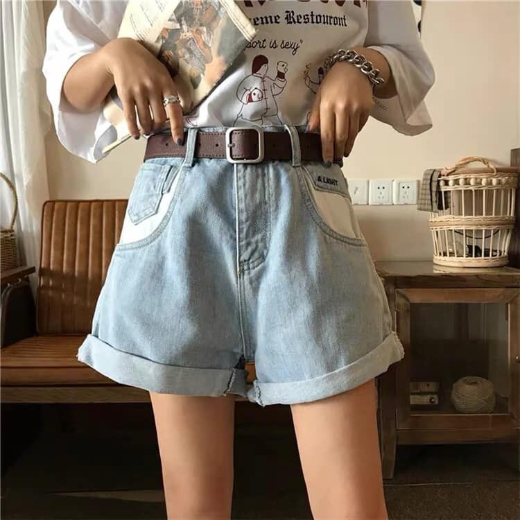 Quần short jeans nữ ngắn lưng cao ống rộng túi trắng ulzzang