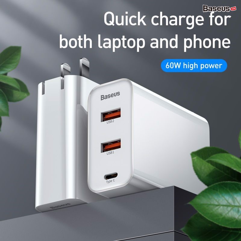 Cốc sạc nhanh đa năng, công suất cao Baseus PPS Quick Charger 60W cho Smartphone/ Tablet/ Laptop 3 ports