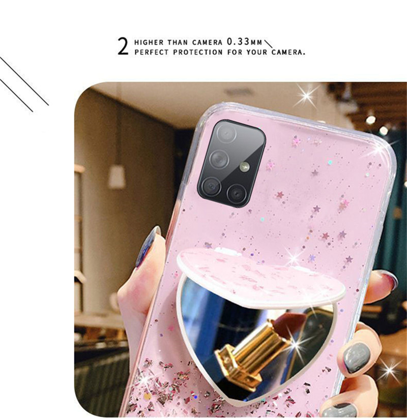 Ốp điện thoại kim tuyến ngôi sao lấp lánh có gương giá đỡ Hình Trái Tim Xinh Xắn cho Samsung Galaxy A22 A42 A52s A12 A11 A31 A51 A71 A20 A30 A21S A02S A20S A30S A50S