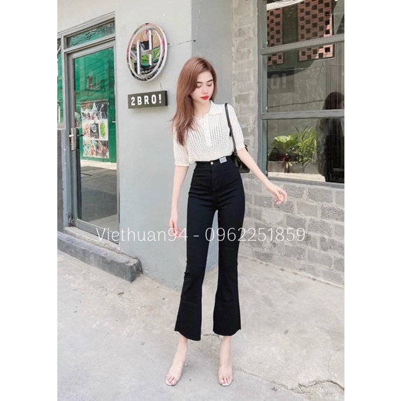 Quần Jean Ống Loe Lưng Cao Co Giãn Không Túi