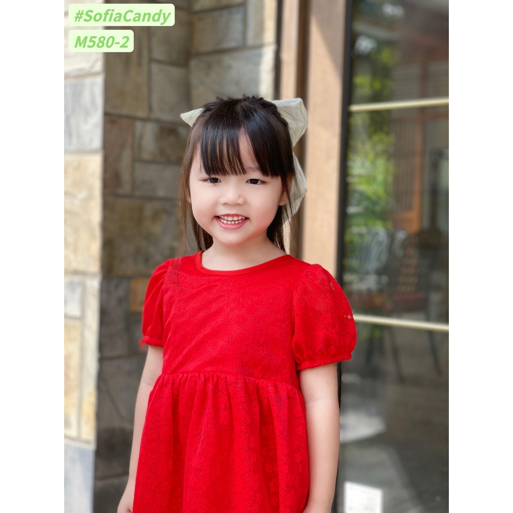 Váy bé gái ren lụa hoa nhí mềm mượt ,tay bồng cột nơ lưng 3 màu xinh xắn Shushibabyshop