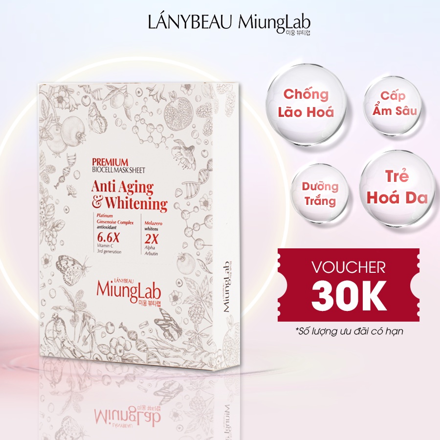 Hộp 8 miếng Mặt nạ chống lão hóa, dưỡng trắng da LÁNYBEAU MiungLab Premium Anti-Aging & Whitening (25g/miếng)