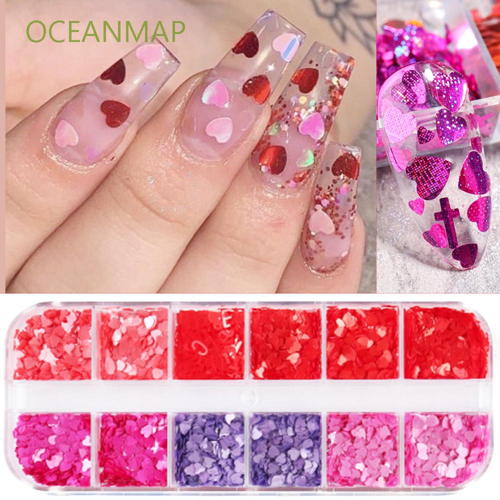 OCEANMAP 3D Nail Art Decoration DIY Nail Glitter Flakes Nail Sequins Love Heart 12 Grids/box Laser Sparkly Valentine's Day Holographic Manicure