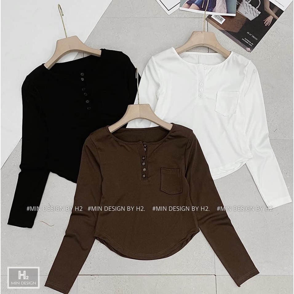 Áo pull cổ tròn dài tay cúc ngực áo kiểu nữ