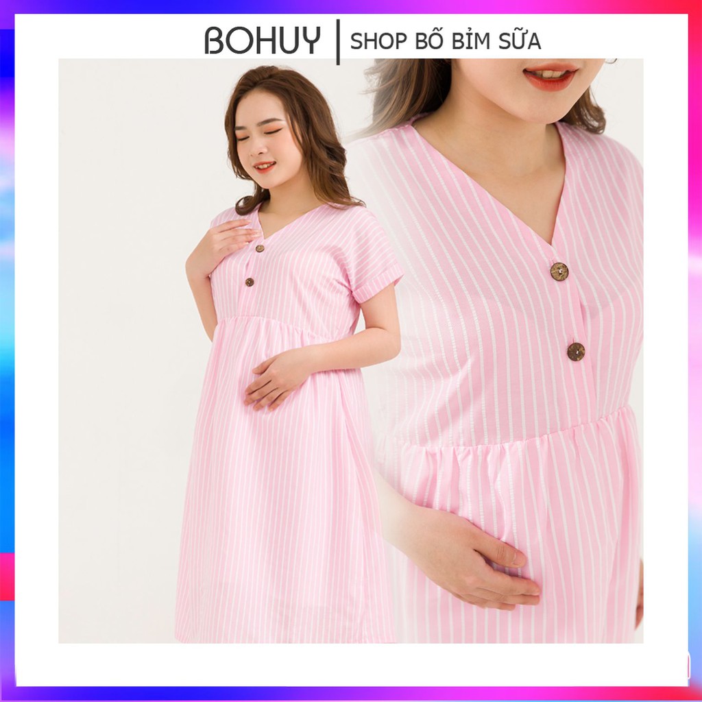 Váy bầu thiết kế babydoll MOLYS M2451 mở cúc giữa vải thô đũi hồng phấn kẻ trắng tôn da, nhiều size mặc hết thai kỳ bầu