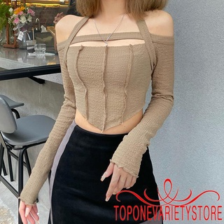 Áo thun tay dài màu trơn cổ thuyền hở rốn thời trang cho nữ