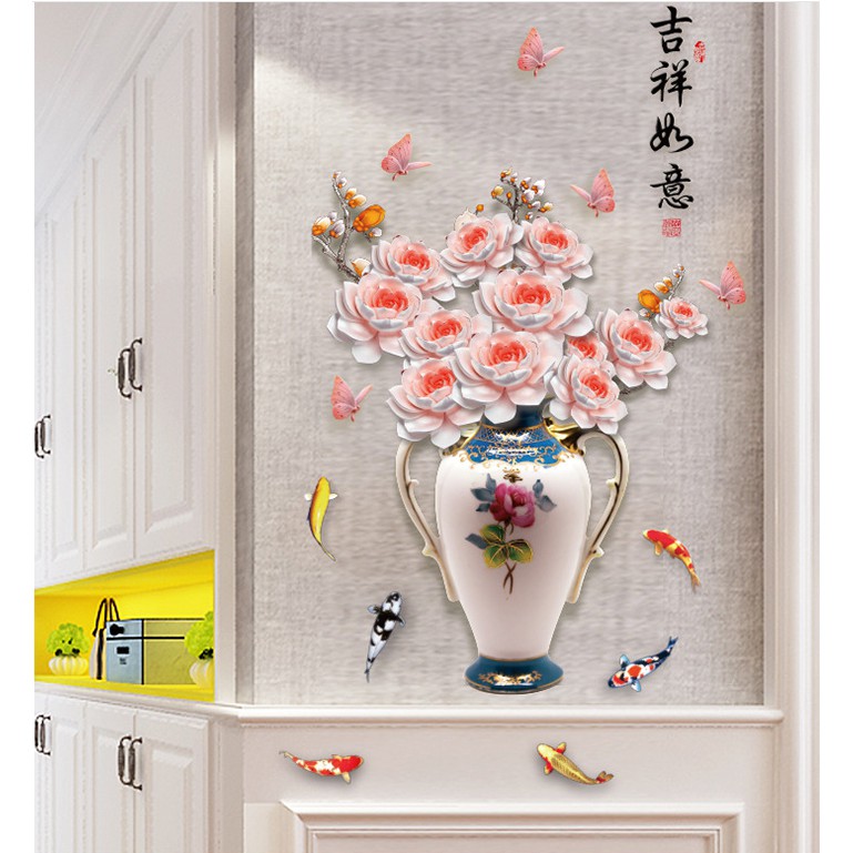 Decal trang trí tường - Chậu Hoa MẪU ĐƠN HỒNG TRẮNG NHẠT 3D quý phái sắc màu