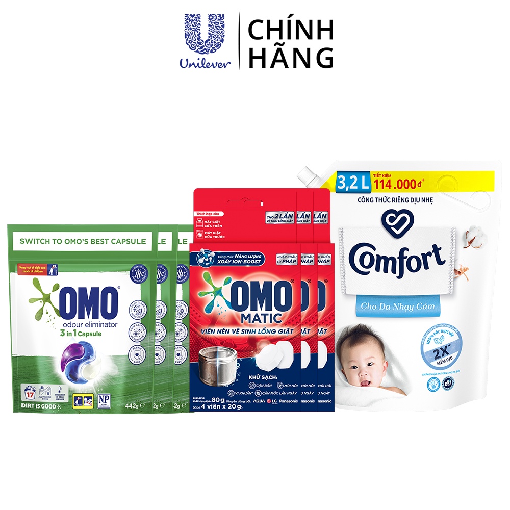 Combo Giặt Ủi: 3 Túi viên giặt OMO-Khử Mùi, 12 Viên nén vệ sinh lồng giặt OMO Matic, Nước xả Comfort cho da nhạy cảm