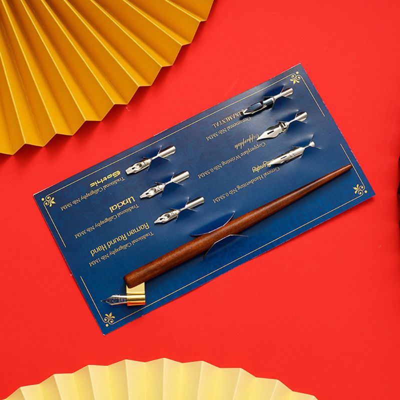 Set thân bút viết bằng gỗ kèm 6 đầu ngòi viết chấm mực khác nhau