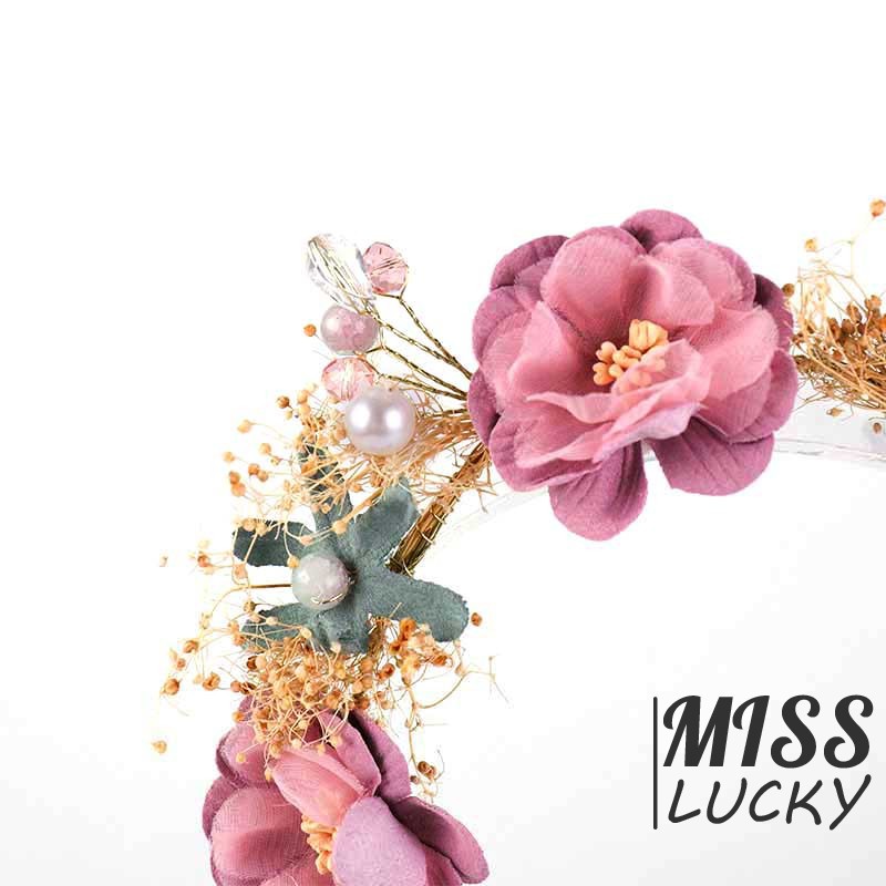 Vòng hoa vải trang trí ngọc trai giả phong cách bohemian cho cô dâu