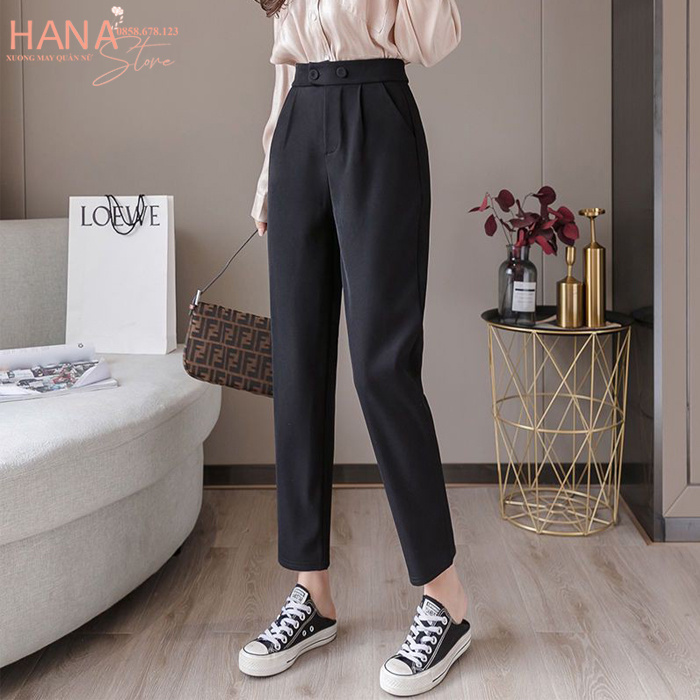 Quần tây lưng cao nữ đi học làm công sở ống đứng suông dài 2 cúc bấm sắt dáng quần vải baggy cạp cao nữ công sở học sinh