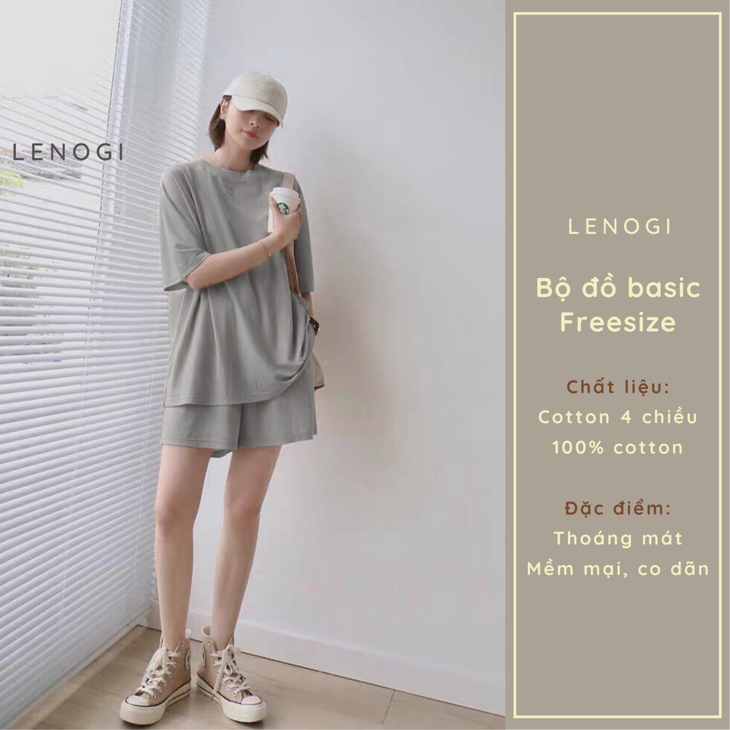 Bộ đùi nữ LENOGI bộ áo cổ tròn quần đùi kiểu dáng basic chất liệu cotton thoáng mát, mềm mại co dãn tốt