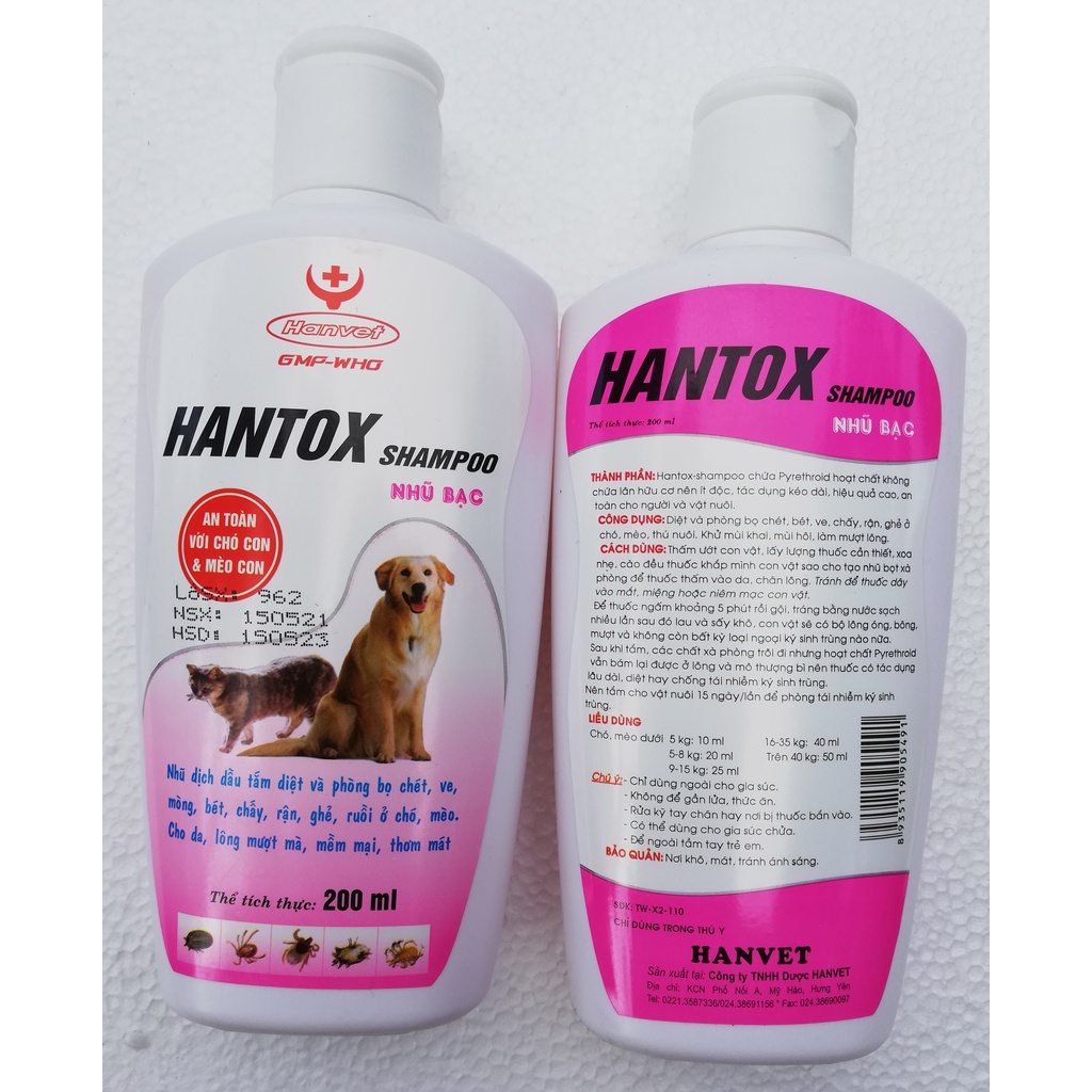 1 lọ Sữa Tắm Trị Ve Rận Bọ Chét An Toàn Với Chó Con Và Mèo Con Hantox Shampoo Hồng Nhũ Bạc 200ml