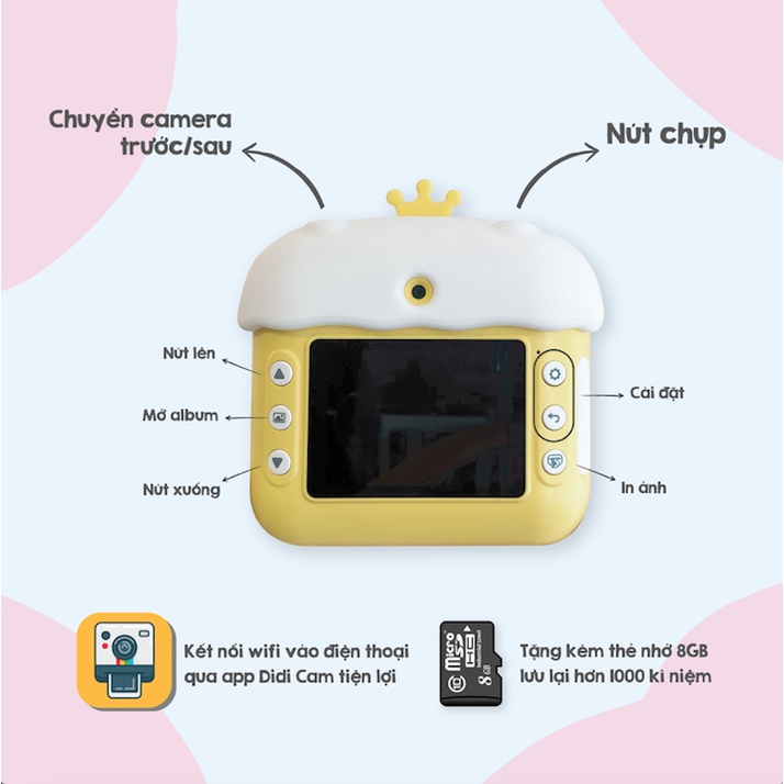 Máy chụp ảnh lấy ngay Kids Camera kèm giấy in ảnh và thẻ nhớ - 4 in 1 kết nối wifi, quay video, chụp ảnh, in ảnh