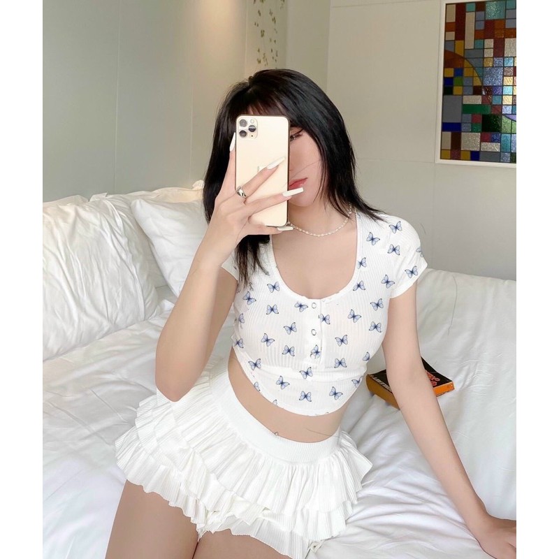 Áo croptop cổ vuông tay ngắn PINKSTORE29 vạt bầu họa tiết hoa nhí, dáng ôm gợi cảm A5132