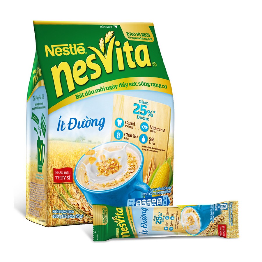 Bột ngũ cốc dinh dưỡng Nestlé NESVITA ít đường 400g (16 gói *25g) bao bì mới