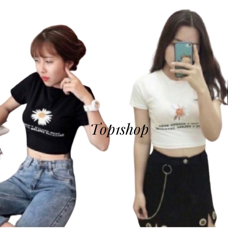 Áo croptop cổ tròn thêu hoa cúc. | BigBuy360 - bigbuy360.vn