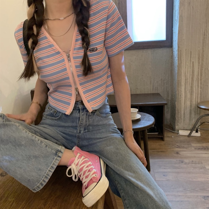 Áo dệt kim SUXI tay ngắn cổ chữ V kẻ sọc phối khóa kéo thời trang mùa hè cho nữ