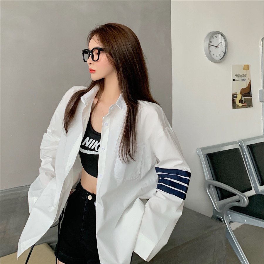 Áo Sơ Mi Trắng Nữ Dáng Trùm Mông 3 Sọc Style Cao Cấp, Áo Somi Nữ Dài Tay Dáng Rộng | BigBuy360 - bigbuy360.vn