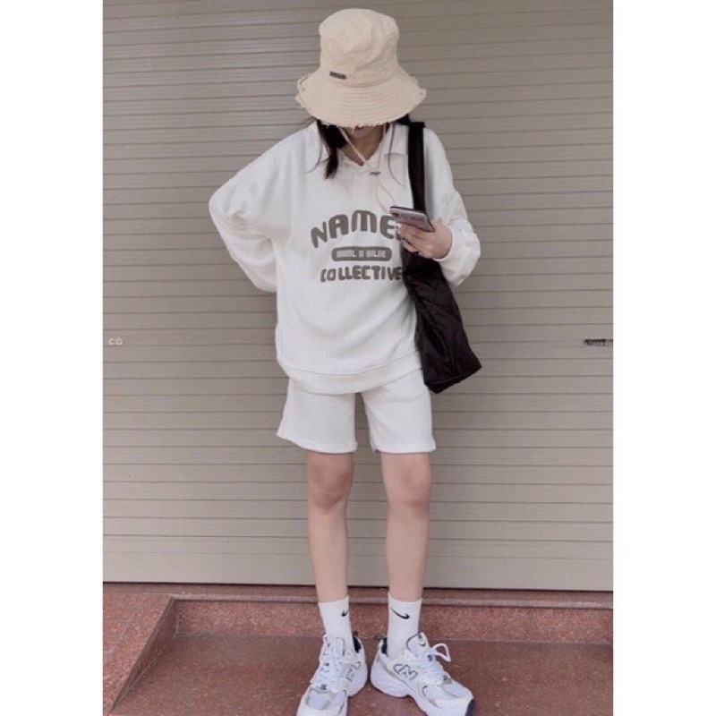 Set bộ thể thao áo thun polo name dài tay dáng rộng ullzzang kèm quần đùi nam nữ mặc được xưởng sỉ nguyễn ho